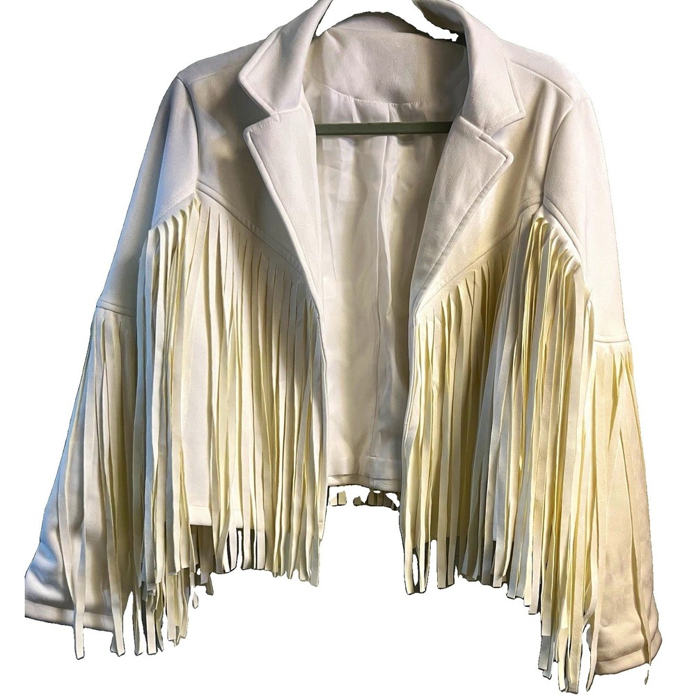 Women's White Fringe Jacket Western Cowgirl Rodeo Nashville Faux Suede Medium